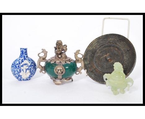 A group lot of Chinese wares to include a jade type censer ding bowl, another larger white metal and green stone example, a b