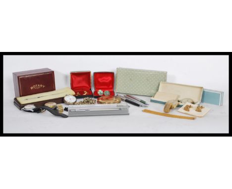 A group of vintage watches cufflinks and pens to include a continental silver pocket watch, Roamer, Timex, Courage cuff links