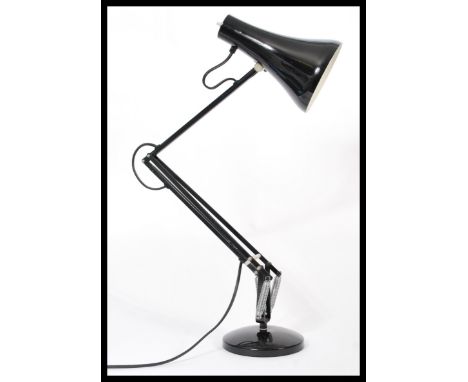 A 20th century vintage Industrial Anglepoise desk lamp by Herbert Terry. Black colourway with terraced base and pendant shade
