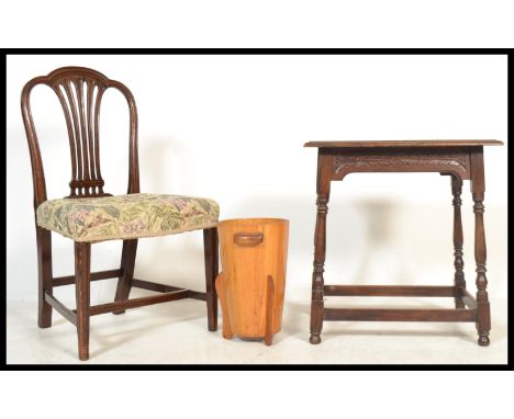 A collection of antique furniture to include a Georgian 19th Century Hepplewhite dining chair, Art Deco stick stand and an oa