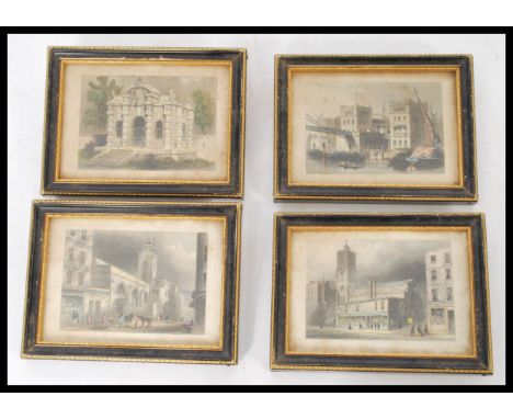 A set of four 19th miniature engraving in small later easel back frames. Includes St Dionis Backchurch, Hungerford Market, Bu
