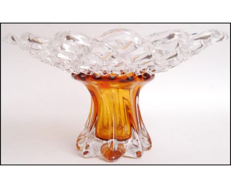 A 20th Century retro vintage style Scandinavian studio art heavy weighted shaped amber flute glass vase having a wide ribbon 