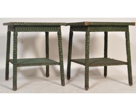 A pair of vintage 20th century retro green wicker tables of square form. One having glass top and the other with formica top.