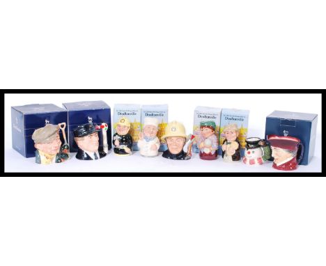 A group of Royal Doulton character jugs to include Snowman Xmas Robin, The Fireman 1300/5000, Engine Driver D6823 416/5000, T