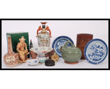 A group of Oriental homeware to include Chinese and Japanese ceramics and stone ware , carved wooden floral box lid, snuff bo