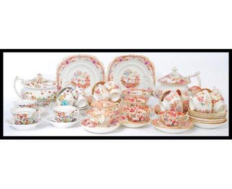 Two Victorian 19th century Staffordshire transfer and hand painted part afternoon tea set services in ' Peking ' pattern comp