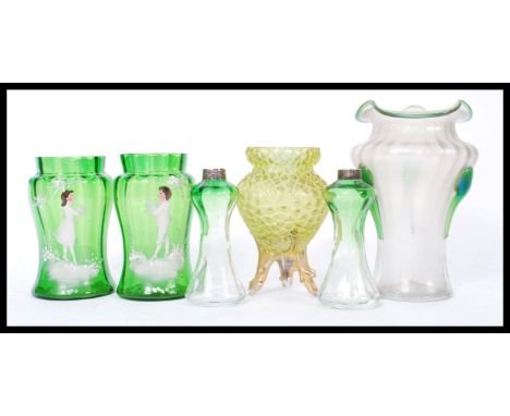 A group of vintage glassware to include a pair of Mary Gregory type vases, a Loetz type glass vase etc. Please see images. Me