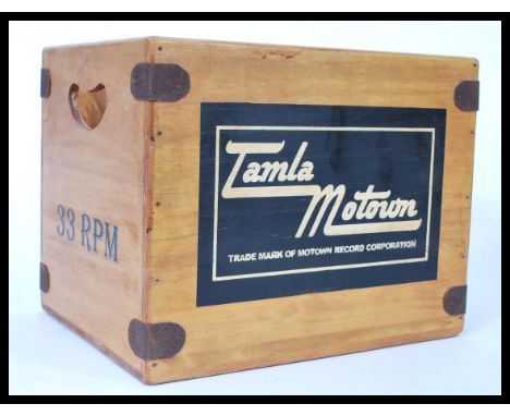 A vintage style record storage box for 33rpm records having notation for Tamla Motown. Measures 24 cm high, 34 cm wide and 27