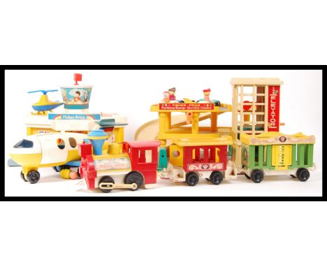 A collection of original vintage Fisher Price playsets and vehicles to include; garage set , airport set with plane and circu