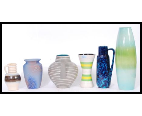 A collection of vintage retro mid 20th century West German pottery to include vases and jugs, fat lava type, mottled, banded 