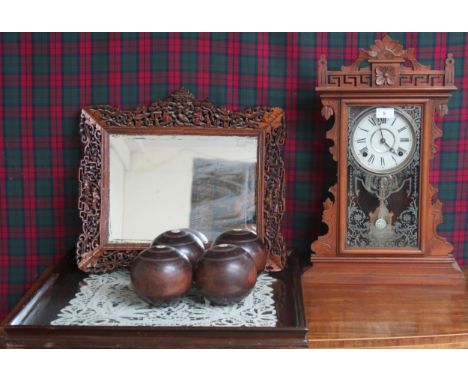 A lot comprising 20th century Anglo-Indian style framed wall mirror, lace inset serving tray, set of four lignum vitae bowls 