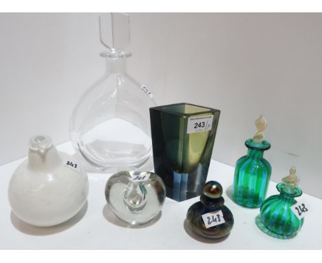 A Kaj Franck Nuutajarvi glass vase, a Nuutajarvi glass bird, a Orrefors decanter, a Timo Sarpaneva vase, and other glass item