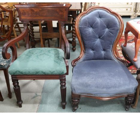 A lot comprising Victorian walnut framed blue button upholstered nursing chair with turned front supports, 90cm high x 62cm w