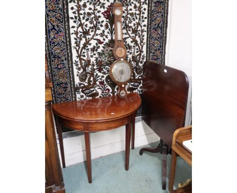 A lot comprising Victorian mahogany demi lune fold-over tea table, 75cm high x 94cm wide x 47cm deep (def), 19th century maho