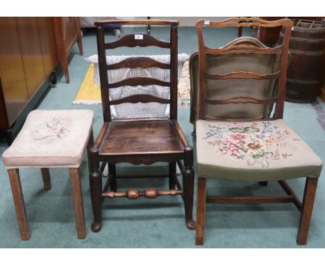 A lot comprising 19th century elm ladder back chair, 93cm high x 46cm wide x 39cm deep, 19th century walnut framed ladderback