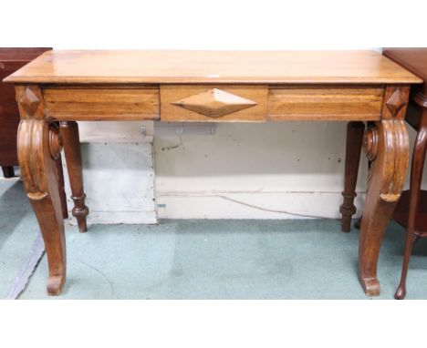 A late Victorian oak console table with rectangular top over single drawer on carved serpentine supports, 82cm high x 136cm w