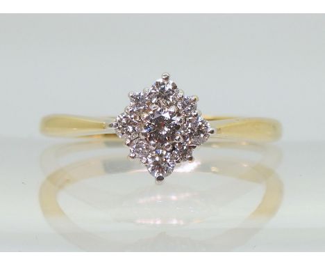 A 9ct gold diamond cluster ring, set with estimated approx 0.36cts of brilliant cut diamonds. Finger size R1/2, weight 2.7gms