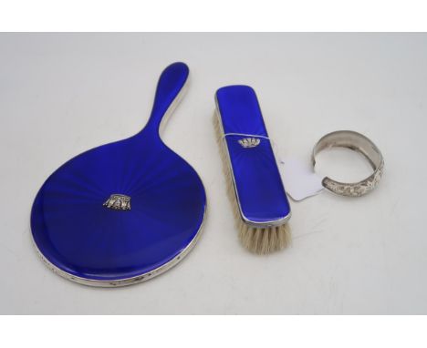 A part silver and guilloche enamel vanity set, by J W B, Birmingham, with applied crown, and a stamped sterling 950 bracelet 