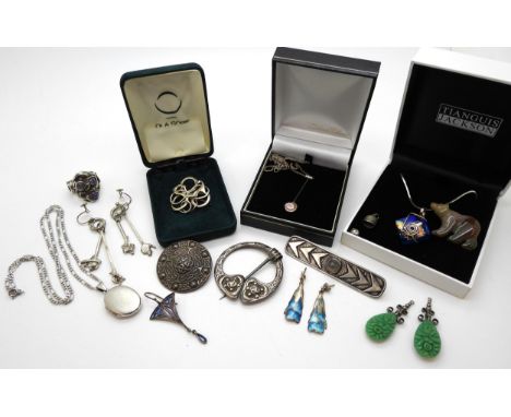 A silver mythical creature brooch by Ola Gorie, a Sheila Fleet pendant, other silver &amp; enamel items, a hardstone polar be