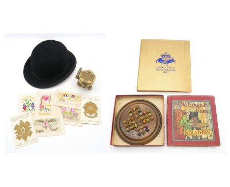 A Stanley Natural Sine brass compass, fur felt bowler hat, WW1-era embroidered postcards, boxed solitaire board by Chad Valle