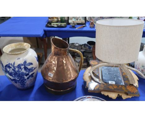 A burr wood bowl, a flower decorated pokerwork framed mirror together with an antler table lamp, copper coal vessel and a flo