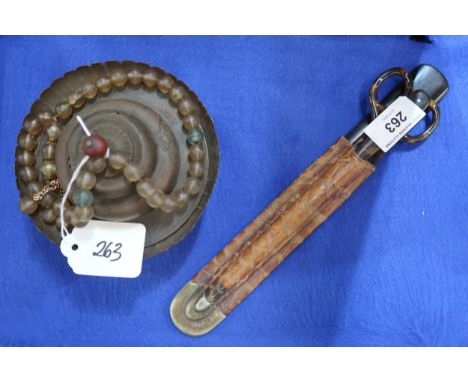 A Tibetan lidded bowl, glass beads and a tortoishell page turner, letter opener and scissors in leather scabbard Condition Re