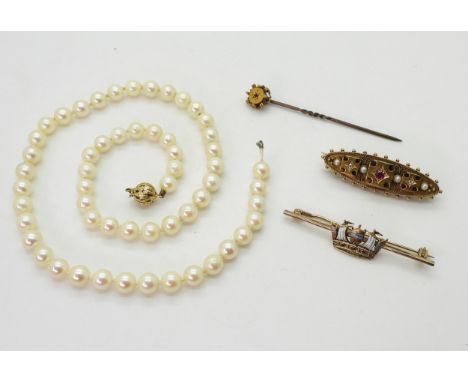 A 15ct gold locket back brooch set with ruby diamonds and pearls, weight 5.8gms, together with a 9ct enamelled Royal Navy swe
