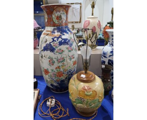 A large Japanese vase decorated with with cranes and other birds amongst pine trees, with chrysanthemums and peonies below (a