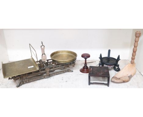 A late 19th century cast iron and brass J Florenz Wein scales, a pine shoe last and three assorted wooden stands (5) Conditio