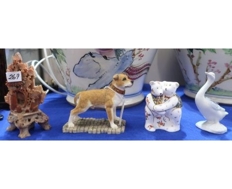A soapstone carving, a Royal Crown Derby teddy paperweight, a Sherrat and Simpson dog and a ceramic goose Condition Report:Av