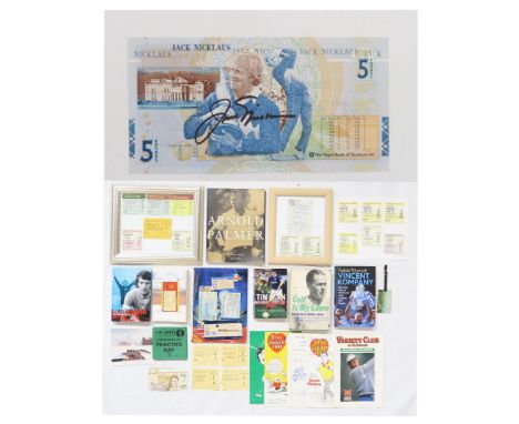 A collection of sporting memorabilia, to include a signed Jack Nicklaus £5 note, a first edition copy of&nbsp;Golf is My Game