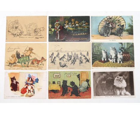 An album of early-20th century postcards to include examples illustrated by Louis Wain, with others on a feline theme, celebr