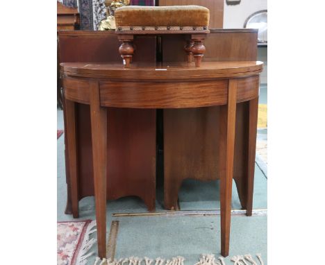 A lot comprising Victorian mahogany demi lune fold-over tea table on square tapering supports, 76cm high x 91cm wide x 45cm d