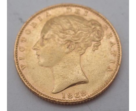 VICTORIA 1868 SOVEREIGN&nbsp;&nbsp;obverse; young uncrowned portrait of Queen Victoria left, legend around VICTORIA DEI GRATI