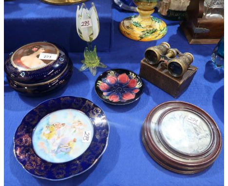 An Alexandria Porcelain Works circular box and cover with transfer printed portrait of a maiden, a pair of French Lumiere ope