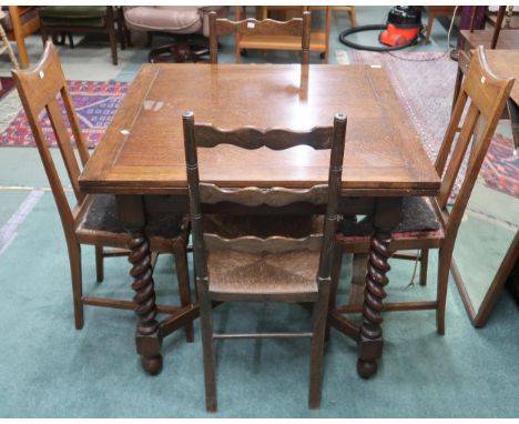 A lot comprising 20th century oak pull out dining table with barley twist supports, 80cm high x 92cm long (153cm long extende