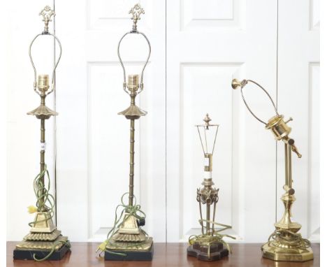 A lot comprising pair of 20th century brass table lamps with faux bamboo stems, 77cm high, and two other assorted brass based