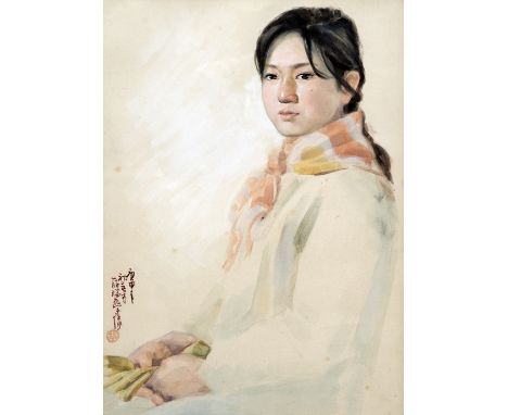 ZHU TONG (20th century) Anglo-ChineseA Girl in NeighbourhoodWatercolourSigned with calligraphic text and seal mark, old label