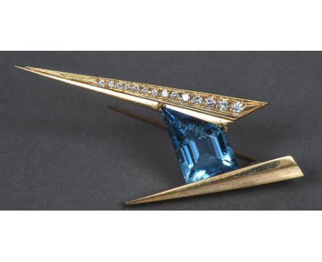 A contemporary 14 K gold aquamarine and diamond set broochOf angular form. 7 cm wide.    CONDITION REPORTS:  Generally in goo