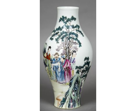 A 20th century Chinese porcelain vaseWell painted with scholarly figures in a continuous rocky landscape, red painted four ch