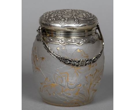 A fine quality late 19th/early 20th century French silver mounted acid etched glass biscuit barrelThe removable lid embossed 