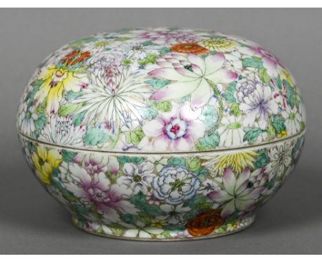 A Chinese millefiori porcelain box and coverOf circular section and typically decorated in bright enamels, red painted six ch