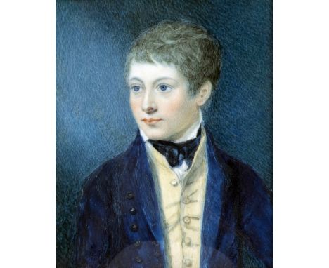 ENGLISH SCHOOL (19th/20th century)Portrait Miniature of Young Man, wearing a blue coatWatercolour on ivory7 x 9 cm, framed an