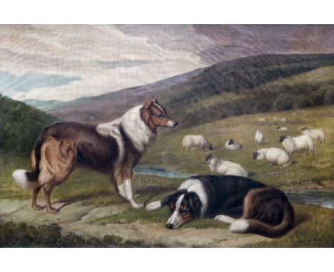 E J KEELING (19th century) BritishCollies in a Rural LandscapeOil on canvasSigned and dated 187364.5 x 44 cm, framed   CONDIT