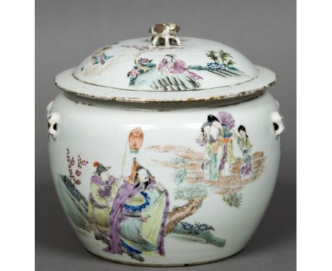 A Chinese Republic porcelain pot and coverThe body decorated with figures and immortals and a pair of birds amongst floral sp