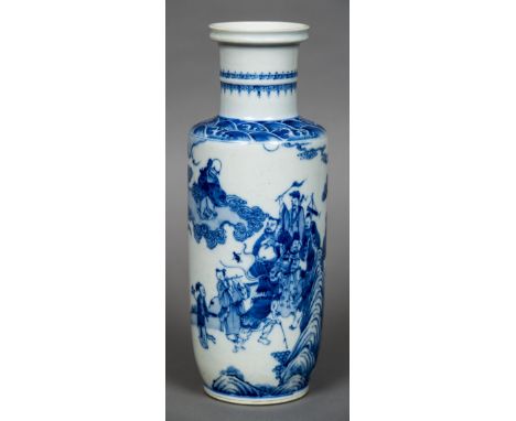 A 19th century Chinese blue and white porcelain rouleau vaseDecorated with a procession of courtly figures and deities within