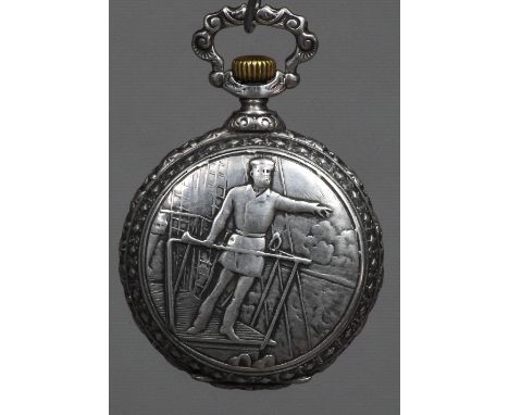 A silver hunter pocket watchThe case decorated with sailing scenes, the white dial with Arabic numerals and subsidiary sweep 