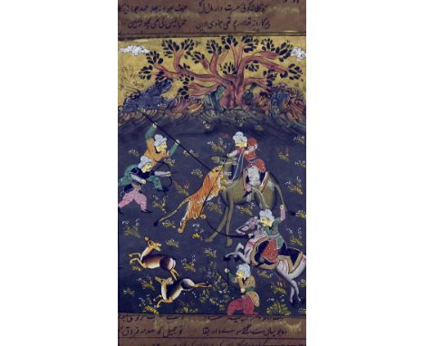 INDO-PERSIAN SCHOOL (18th/19th century)Hunting SceneGouache highlighted with gilt within calligraphic text15 x 24.5 cm, frame