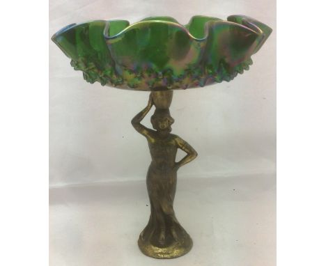A Continental Art Nouveau iridescent glass and spelter figural tazzaThe shaped moulded bowl supported on a classical figure. 