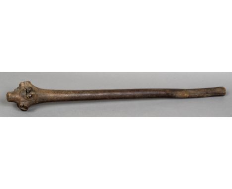 A large Fijian Dromudromu war clubFormed from the root ball and trunk of a young ironwood sapling, the handle with carved geo